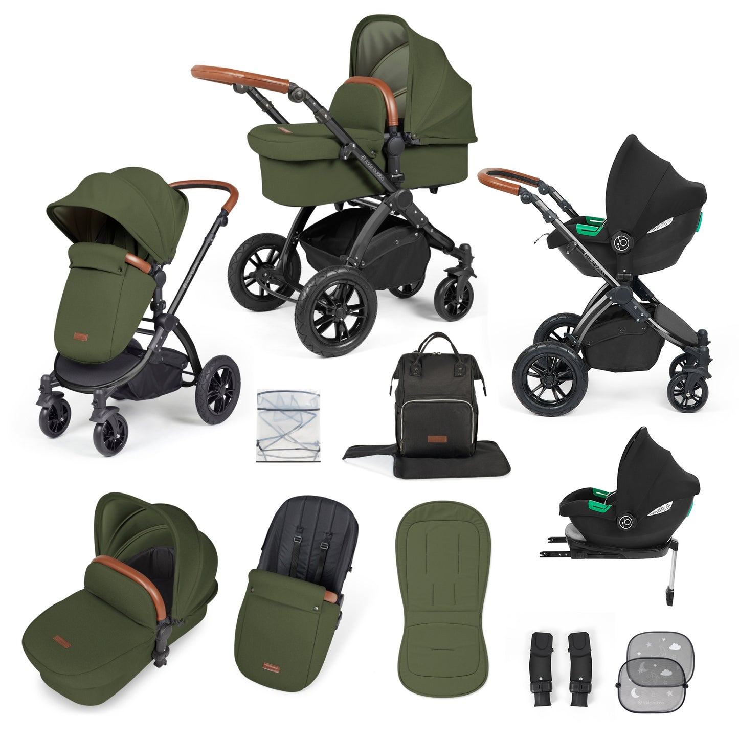 Ickle Bubba Stomp Luxe 12 Piece Travel System with i-Size Cirrus Car Seat & ISOFIX Base Woodland on Black