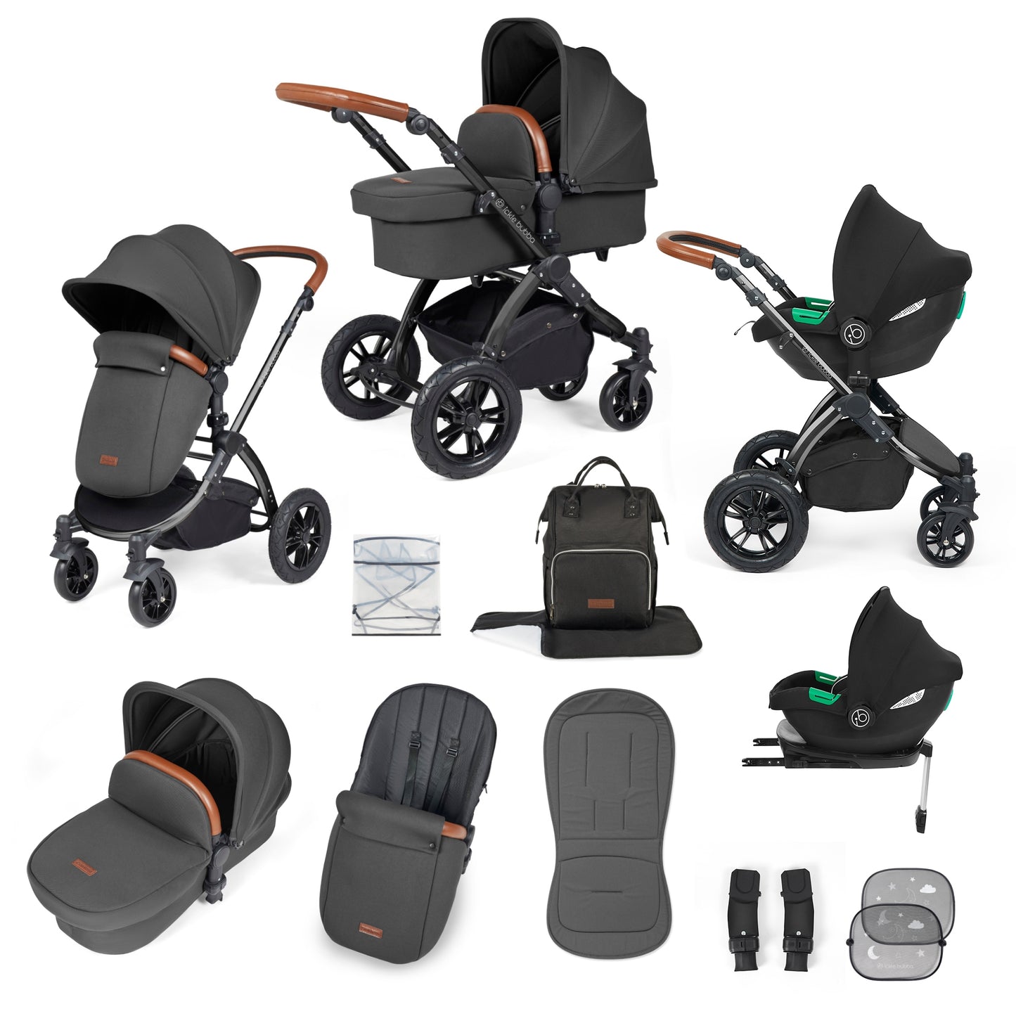 Ickle Bubba Stomp Luxe 12 Piece Travel System with i-Size Cirrus Car Seat & ISOFIX Base Charcoal on Black