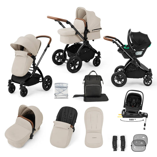 Ickle Bubba Stomp Luxe 12 Piece Travel System with i-Size Nimbus 180° Spin Car Seat & ISOFIX Base Stone on Black