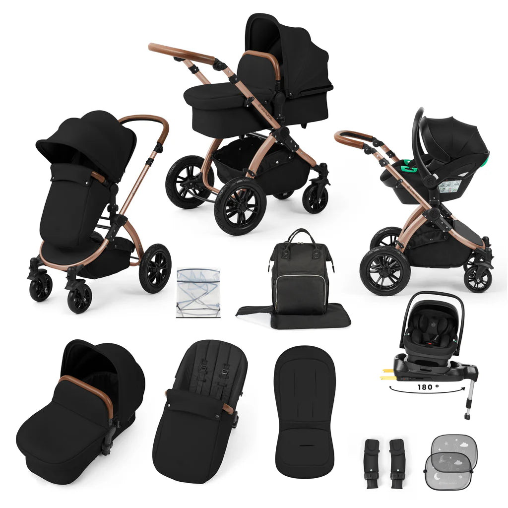 Ickle Bubba Stomp Luxe 12 Piece Travel System with i-Size Nimbus 180° Spin Car Seat & ISOFIX Base Midnight on Bronze