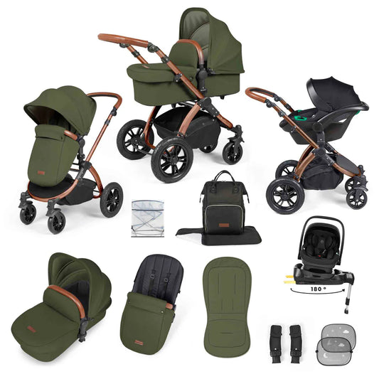 Ickle Bubba Stomp Luxe 12 Piece Travel System with i-Size Nimbus 180° Spin Car Seat & ISOFIX Base Woodland on Bronze