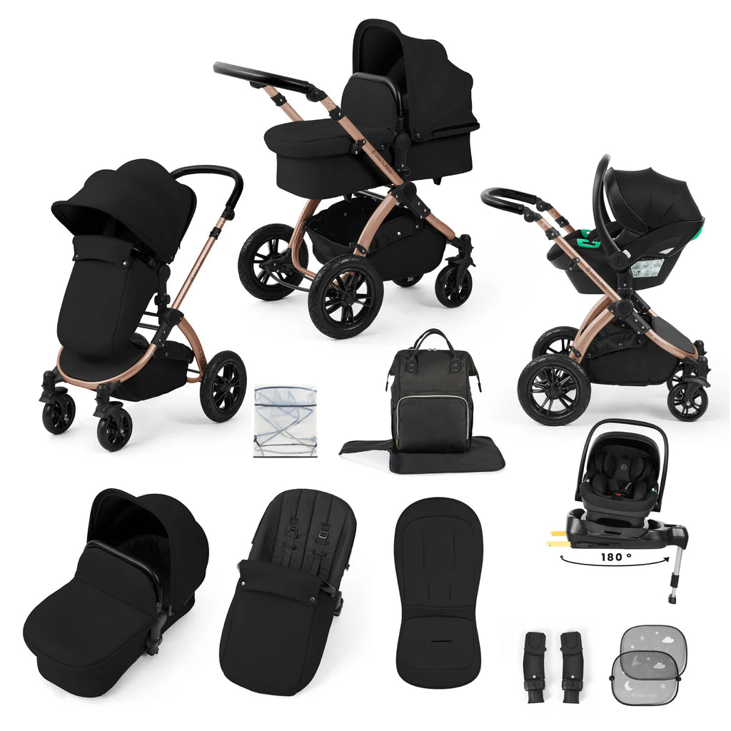 Ickle Bubba Stomp Luxe 12 Piece Travel System with i-Size Nimbus 180° Spin Car Seat & ISOFIX Base Midnight on Bronze