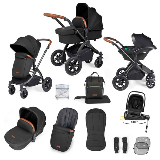 Ickle Bubba Stomp Luxe 12 Piece Travel System with i-Size Nimbus 180° Spin Car Seat & ISOFIX Base Midnight on Black