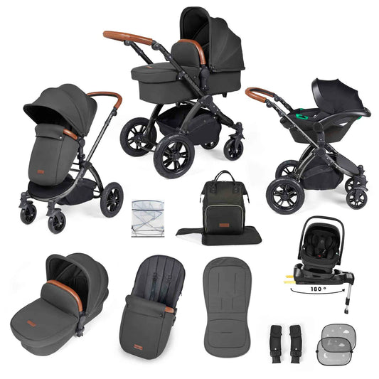 Ickle Bubba Stomp Luxe 12 Piece Travel System with i-Size Nimbus 180° Spin Car Seat & ISOFIX Base Charcoal Grey on Black
