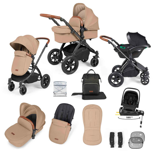 Ickle Bubba Stomp Luxe 12 Piece Travel System with i-Size Nimbus 180° Spin Car Seat & ISOFIX Base Desert on Black