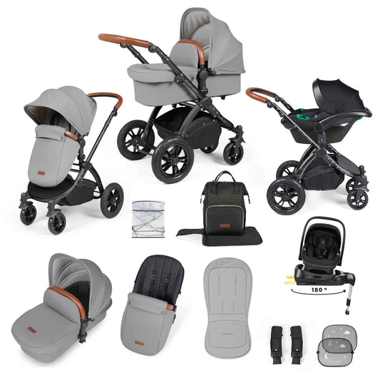 Ickle Bubba Stomp Luxe 12 Piece Travel System with i-Size Nimbus 180° Spin Car Seat & ISOFIX Base Pearl Grey on Black