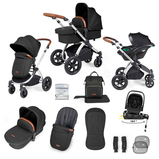 Ickle Bubba Stomp Luxe 12 Piece Travel System with i-Size Nimbus 180° Spin Car Seat & ISOFIX Base Midnight on Silver