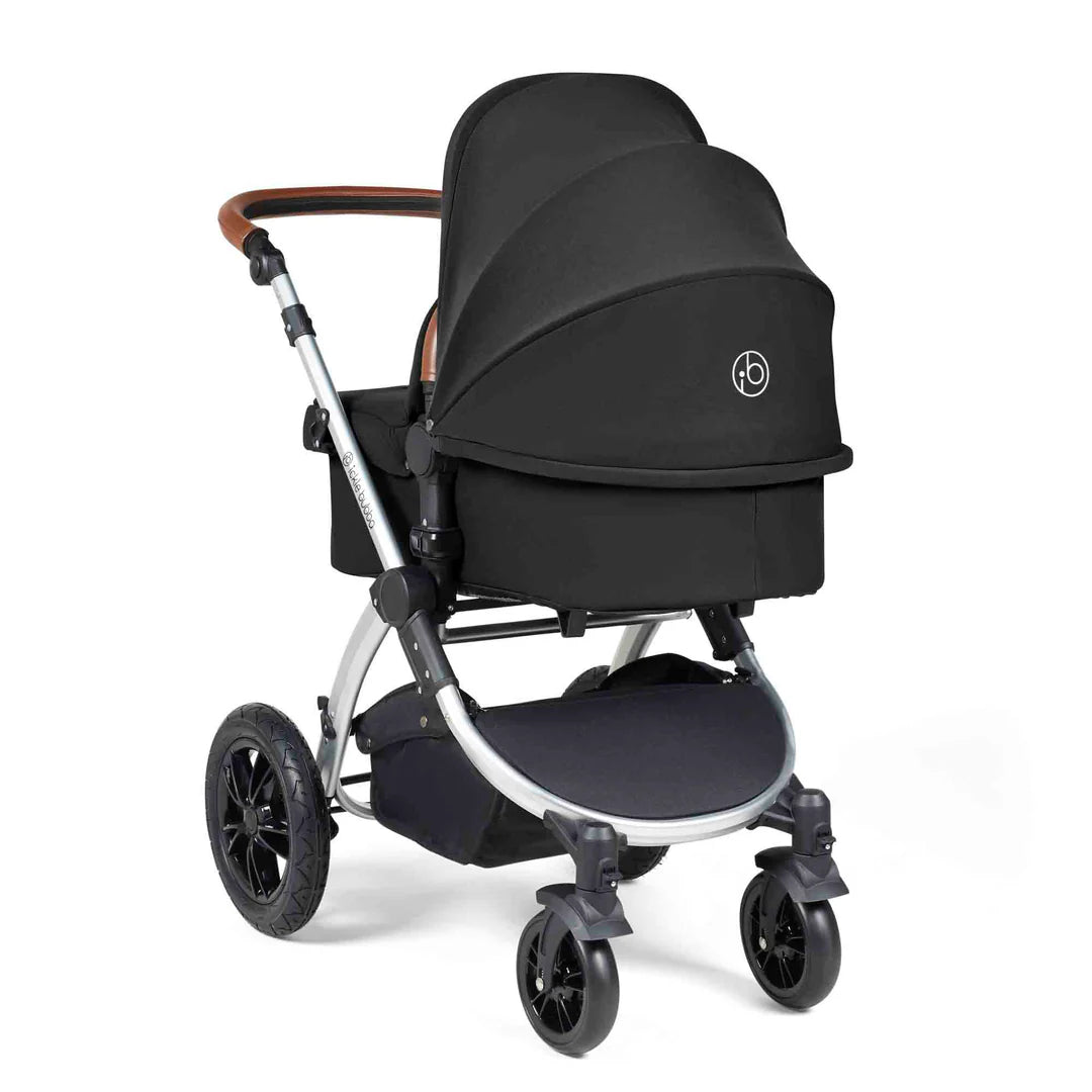 Ickle Bubba Stomp Luxe 12 Piece Travel System with i-Size Nimbus 180° Spin Car Seat & ISOFIX Base Midnight on Silver