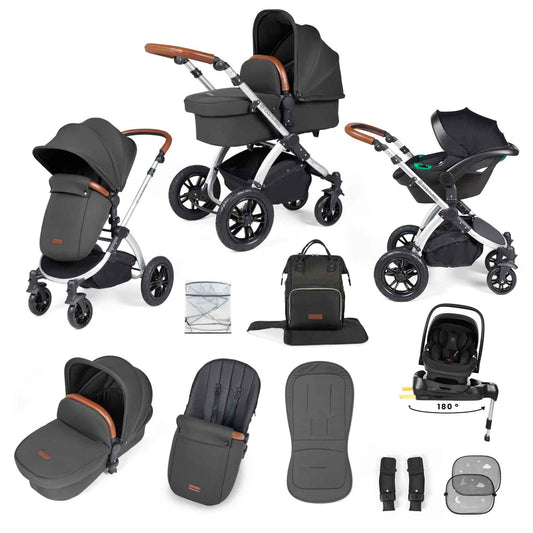 Ickle Bubba Stomp Luxe 12 Piece Travel System with i-Size Nimbus 180° Spin Car Seat & ISOFIX Base Charcoal Grey on Silver