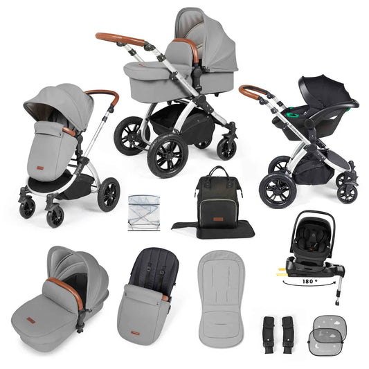Ickle Bubba Stomp Luxe 12 Piece Travel System with i-Size Nimbus 180° Spin Car Seat & ISOFIX Base Pearl Grey on Silver