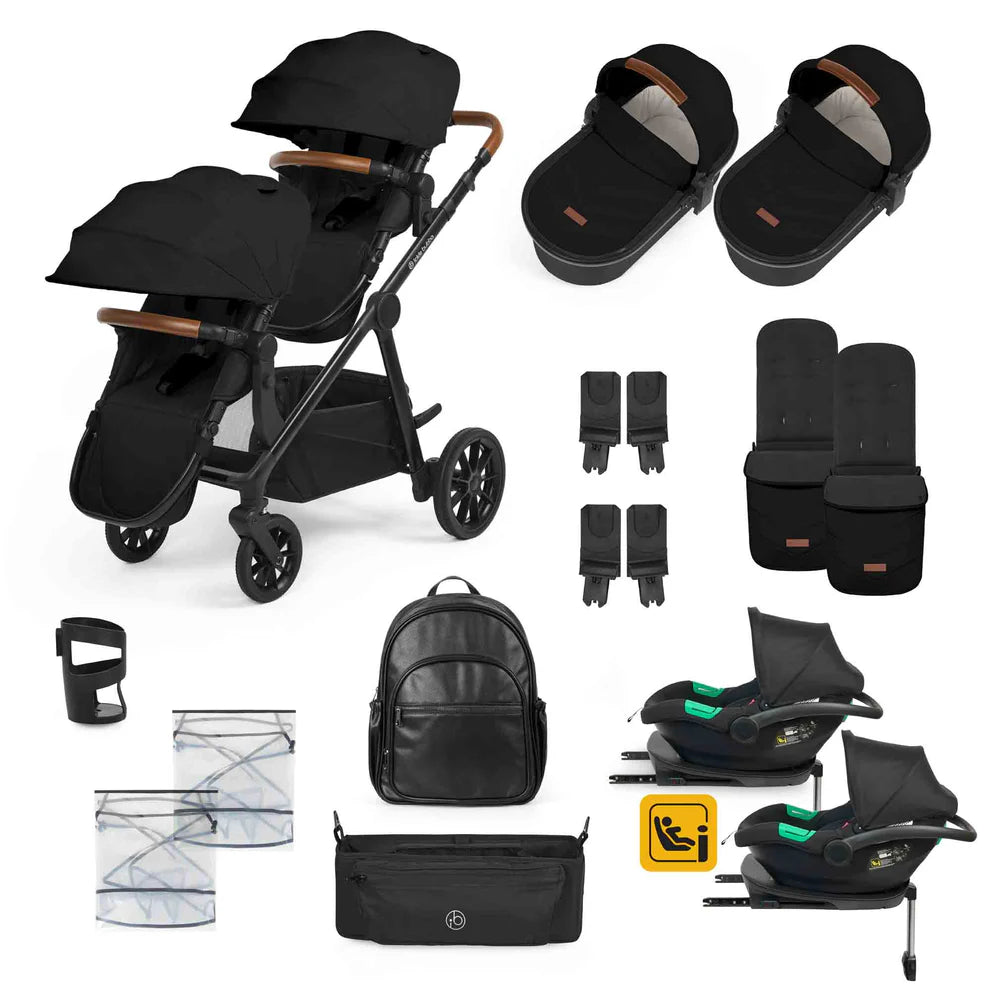 Ickle bubba Virgo Twin 18 Piece Travel System Black with i-Size Cirrus Car Seats & ISOFIX Bases