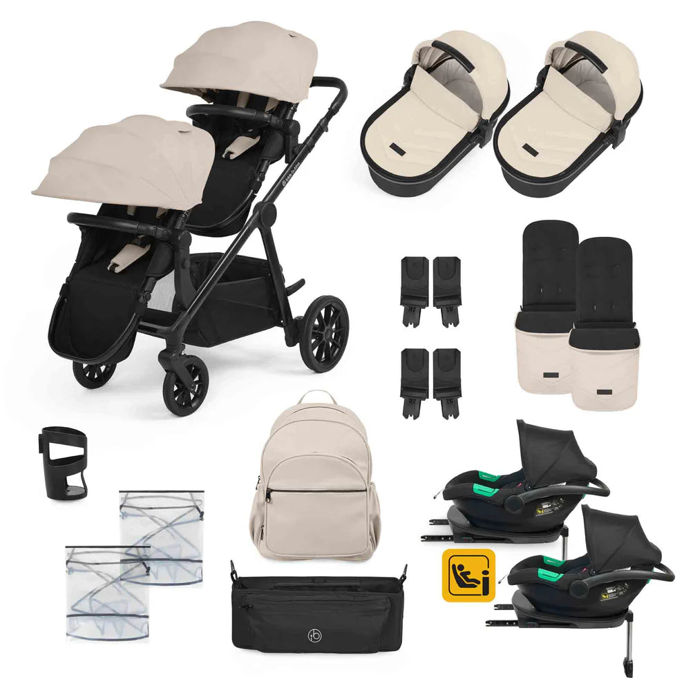 Ickle Bubba Virgo Twin 18 Piece Travel System Stone with i-Size Cirrus Car Seats & ISOFIX Bases