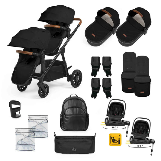 Ickle bubba Virgo Twin 18 Piece Travel System Black with i-Size Nimbus Car Seats & Spin ISOFIX Bases