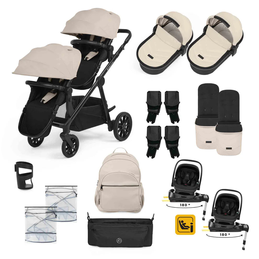 Ickle Bubba Virgo Twin 18 Piece Travel System Stone with i-Size Nimbus Car Seats & Spin ISOFIX Bases