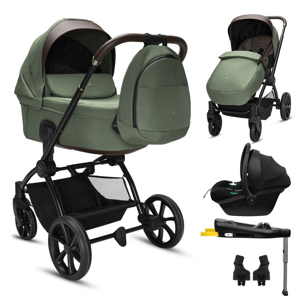Noordi Sole V3 - 3in1 Travel System with ThermoCot Carrycot + Terra i-Size Car Seat, Woodland Green