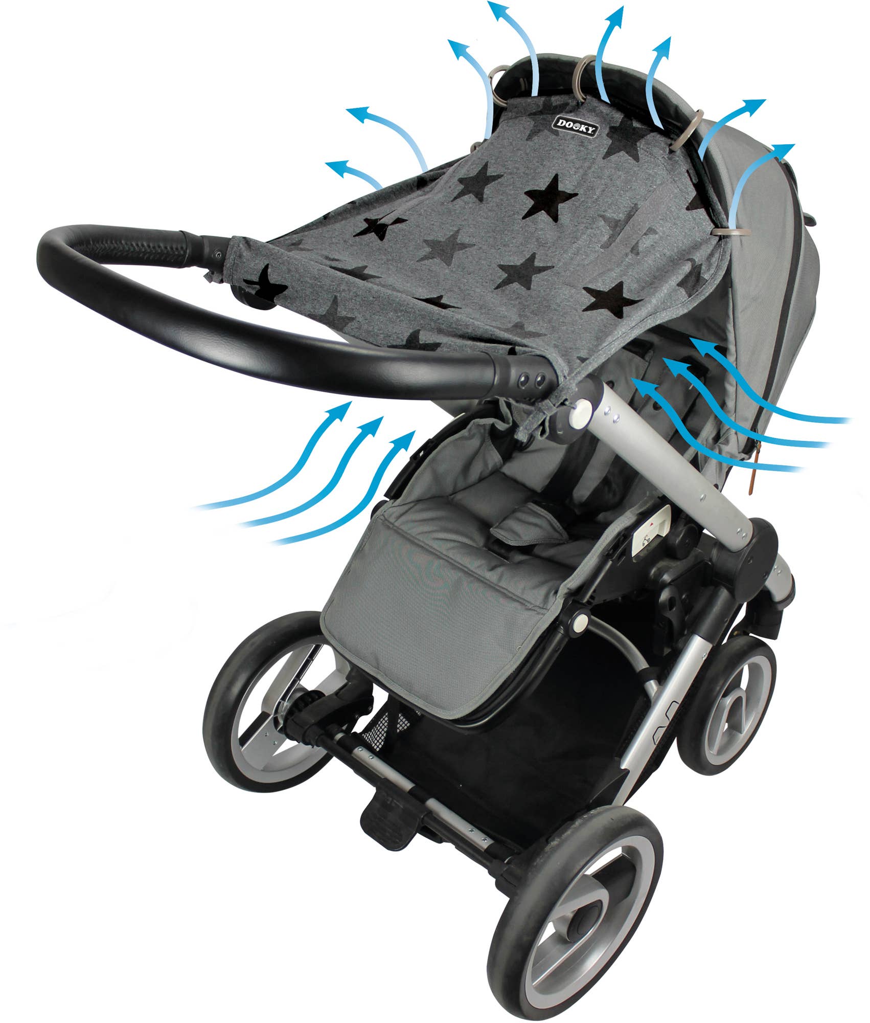 Gray stroller with a sunshade featuring star patterns and blue arrows indicating airflow.