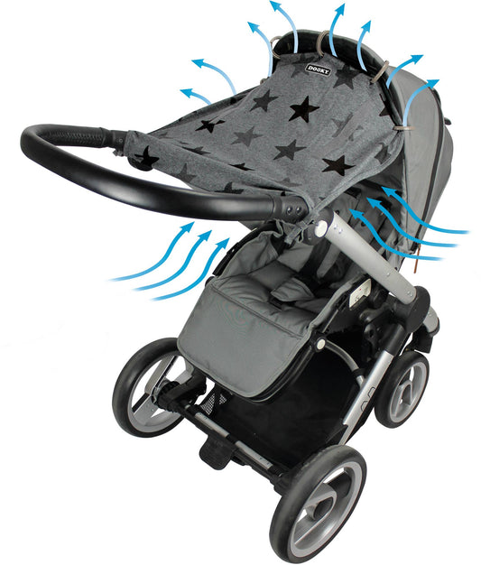 Gray stroller with a sunshade featuring star patterns and blue arrows indicating airflow.