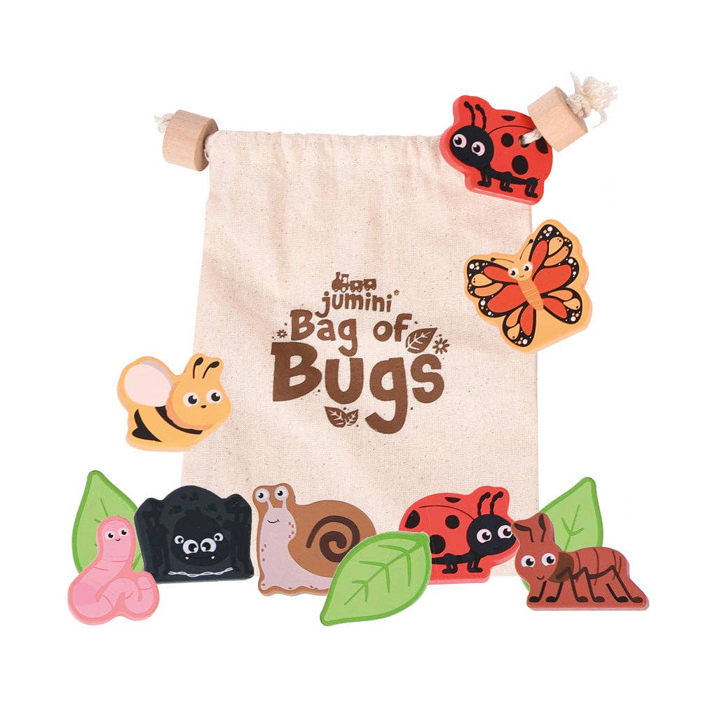 Jumini Bag of Bugs - Sensory Play Set (7 Mini Bugs + Leaves)