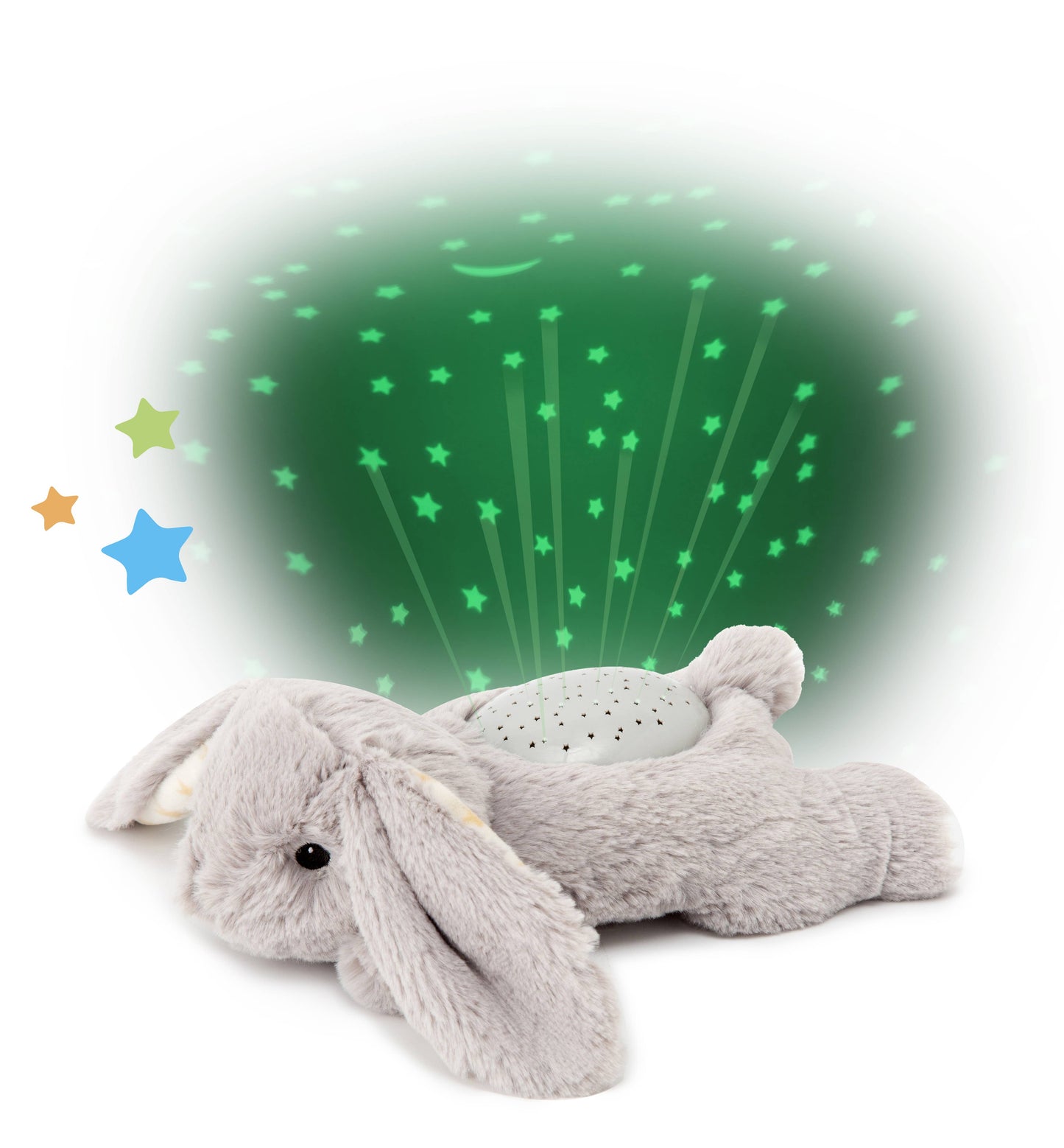 Gray plush bunny toy with star projector on a white background