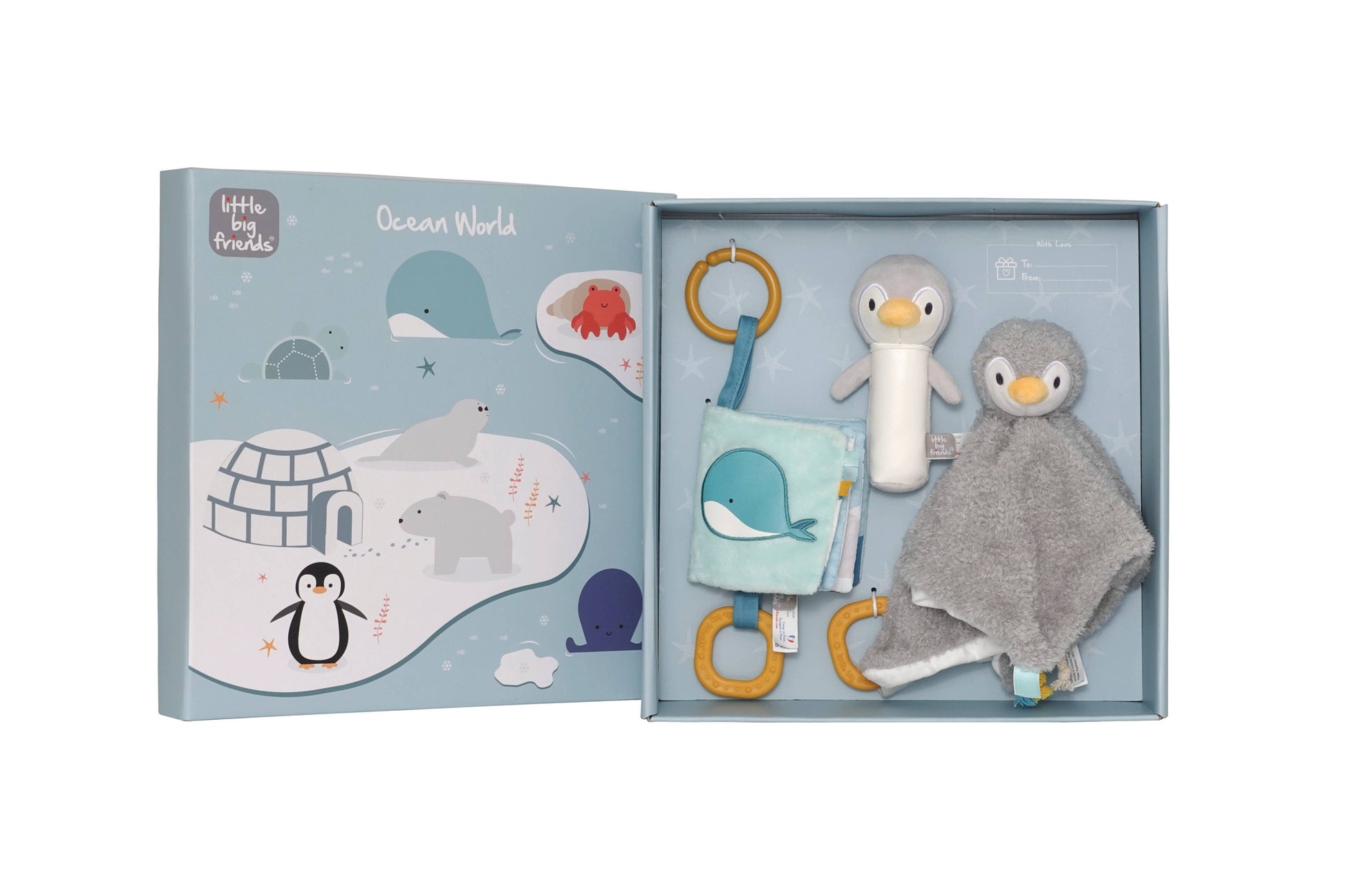 Baby toy set with penguin-themed items in a box labeled 'Little Love by Babyula'.