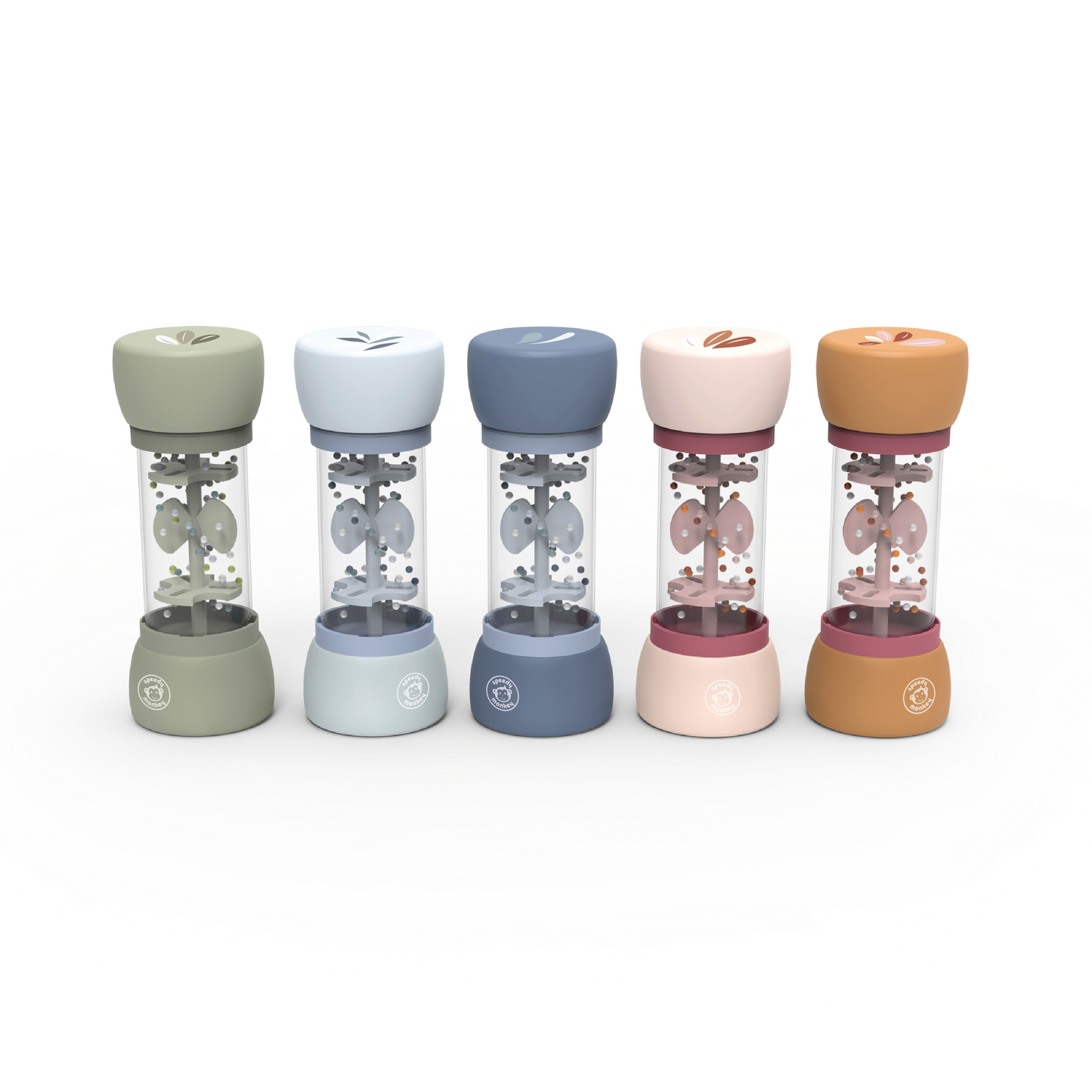 Five bead toys that make a noise when you turn them oner with different colored tops on a white background