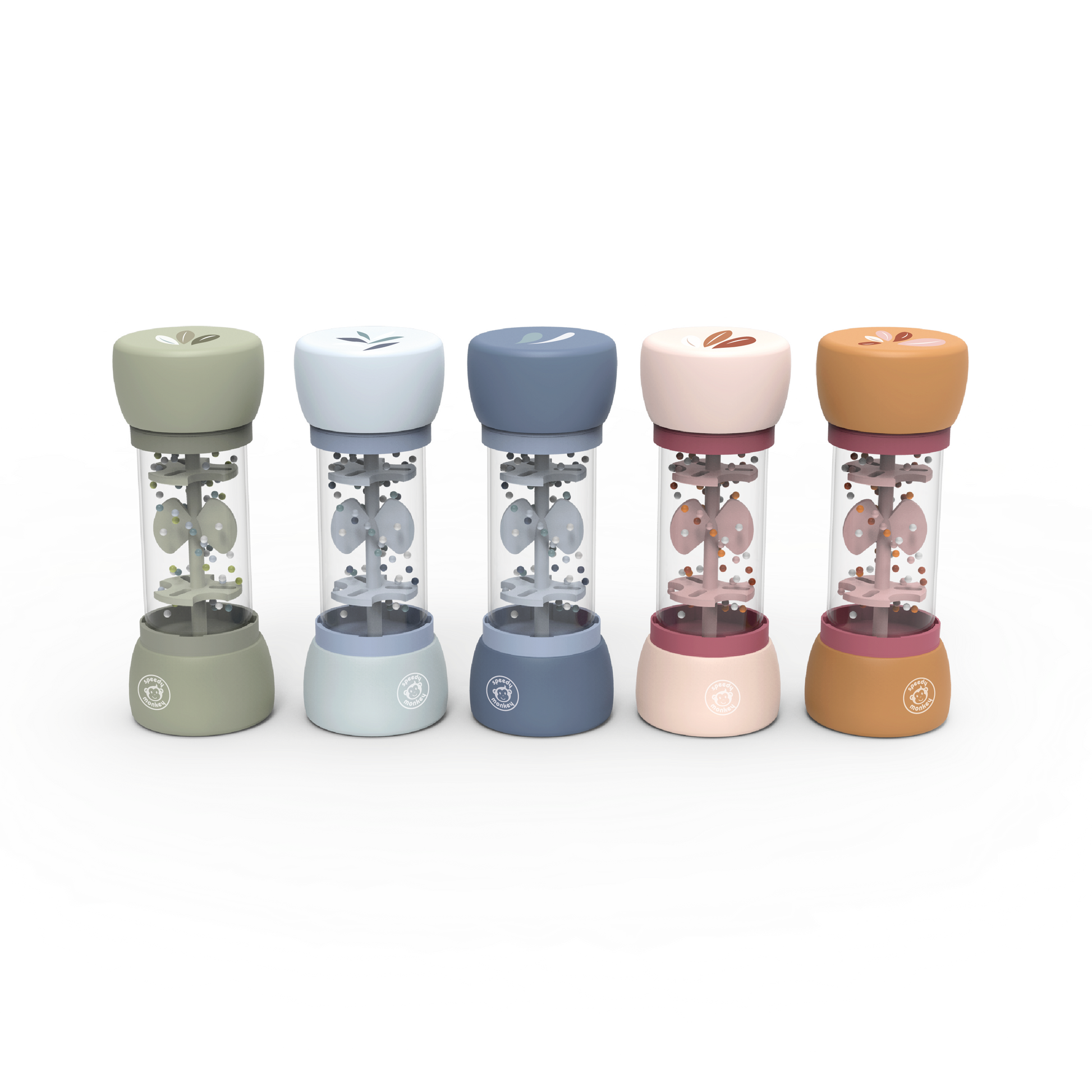 Five bead toys that make a noise when you turn them oner with different colored tops on a white background