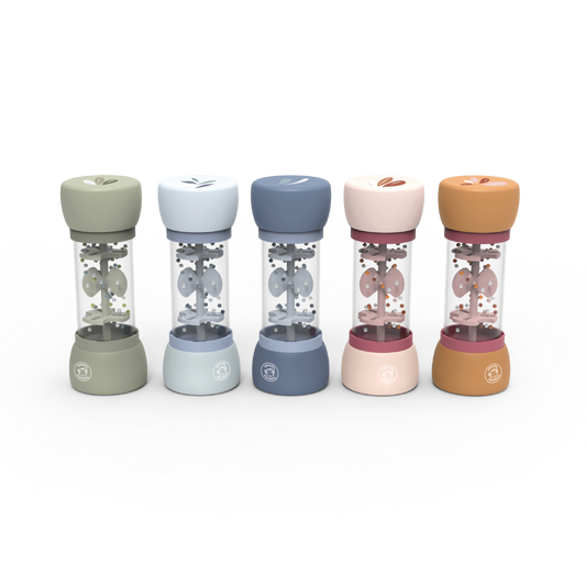 Five bead toys that make a noise when you turn them oner with different colored tops on a white background