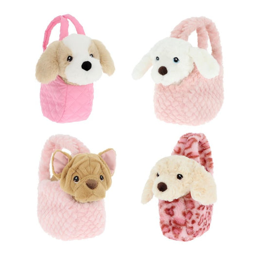 Four plush dog toys in pink, white, brown, and red with knitted exteriors on a white background.