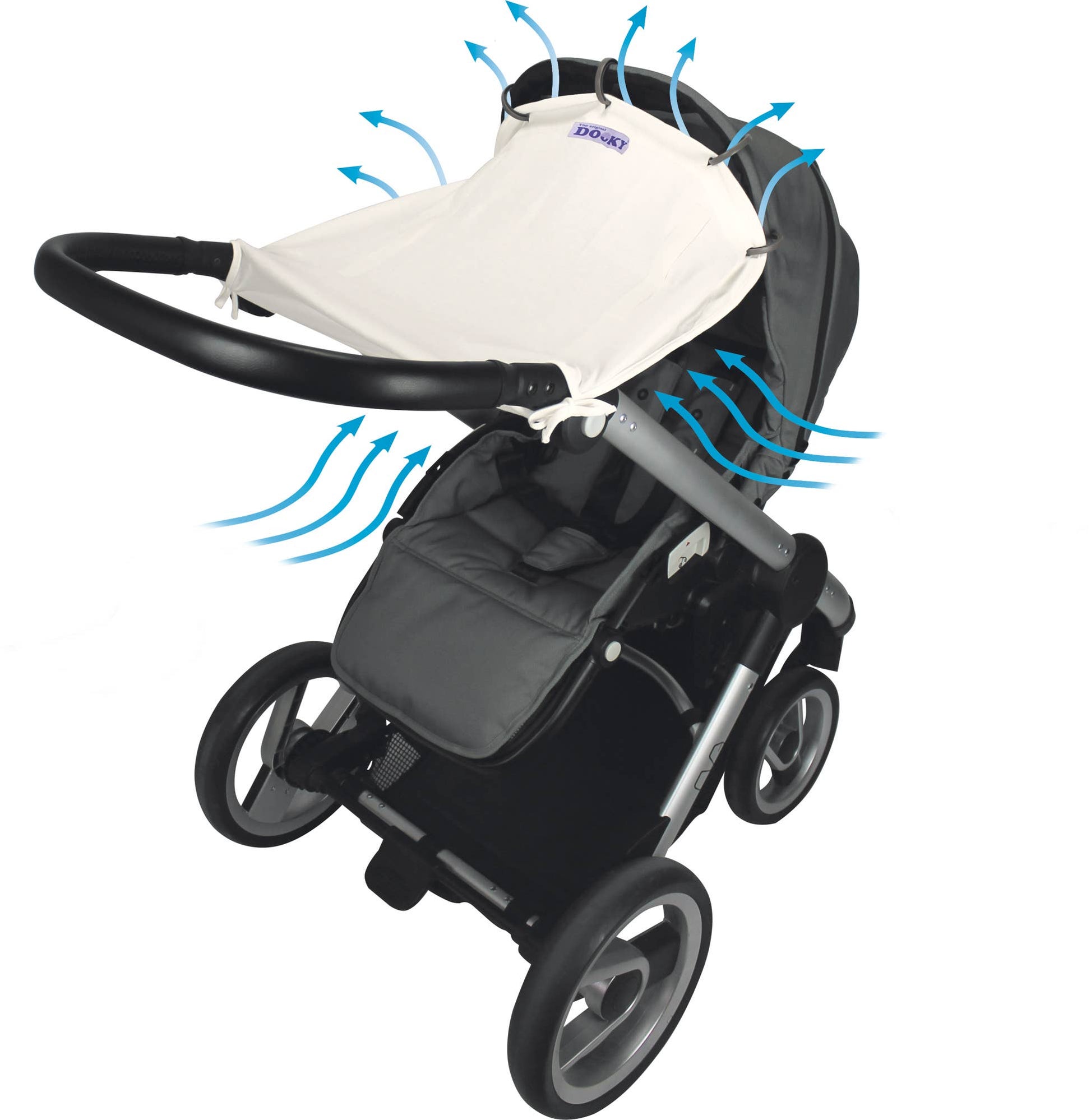 Black stroller with a white canopy and blue arrows indicating airflow on a white background