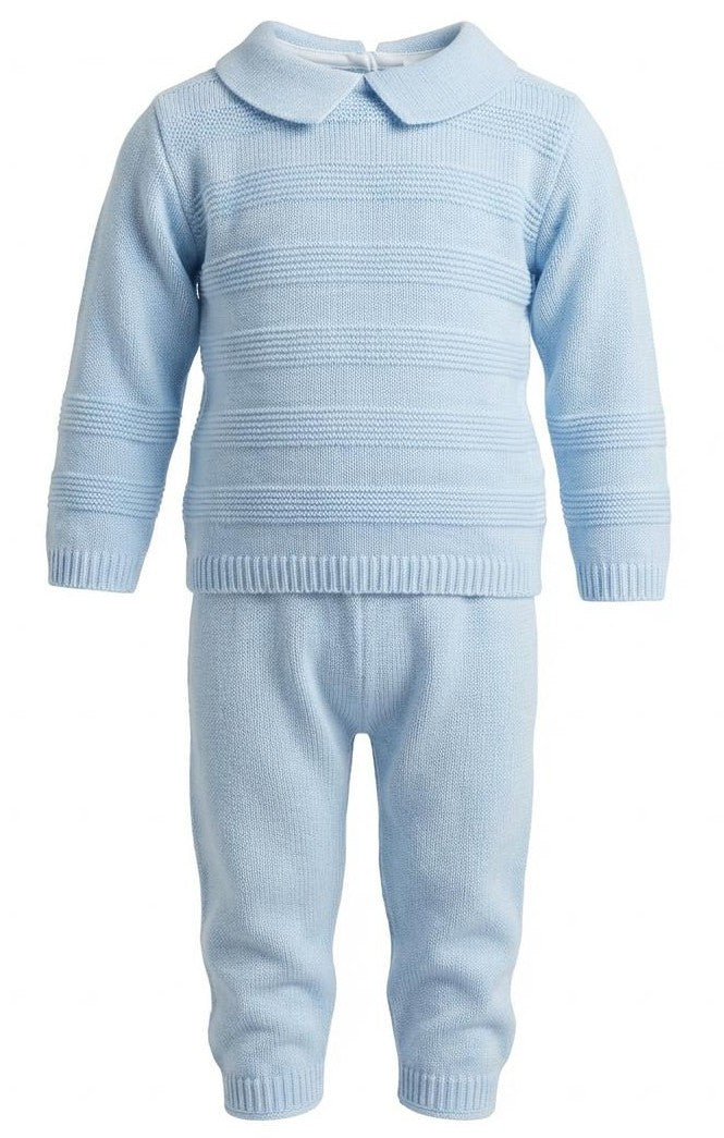 A baby knit two-piece set in light blue, featuring a long-sleeve sweater with a Peter Pan collar and matching knit pants, shown against a plain white background.