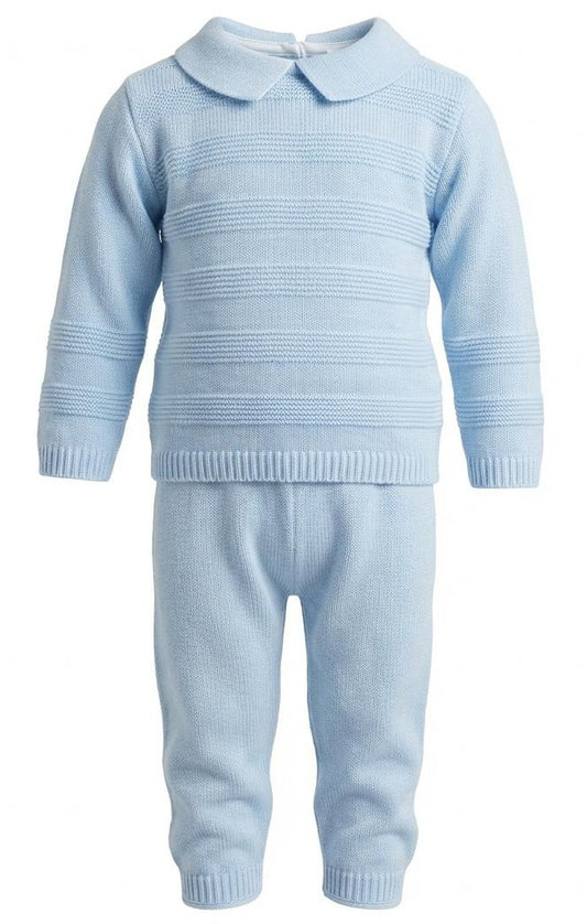 A baby knit two-piece set in light blue, featuring a long-sleeve sweater with a Peter Pan collar and matching knit pants, shown against a plain white background.