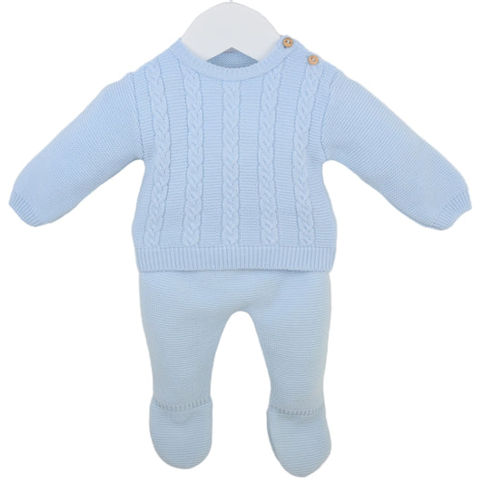 A light blue baby knit two-piece outfit with a long-sleeve cable-knit sweater and matching footed pants, displayed on a white hanger against a plain light background.