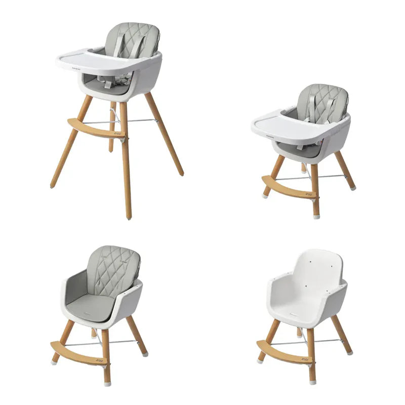 Four views of a modern high chair with wooden legs and quilted gray cushion on a white background.