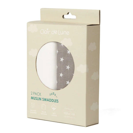 Clair-de-lune 2 Pack Star Muslin Swaddles – 115 x 115 cm