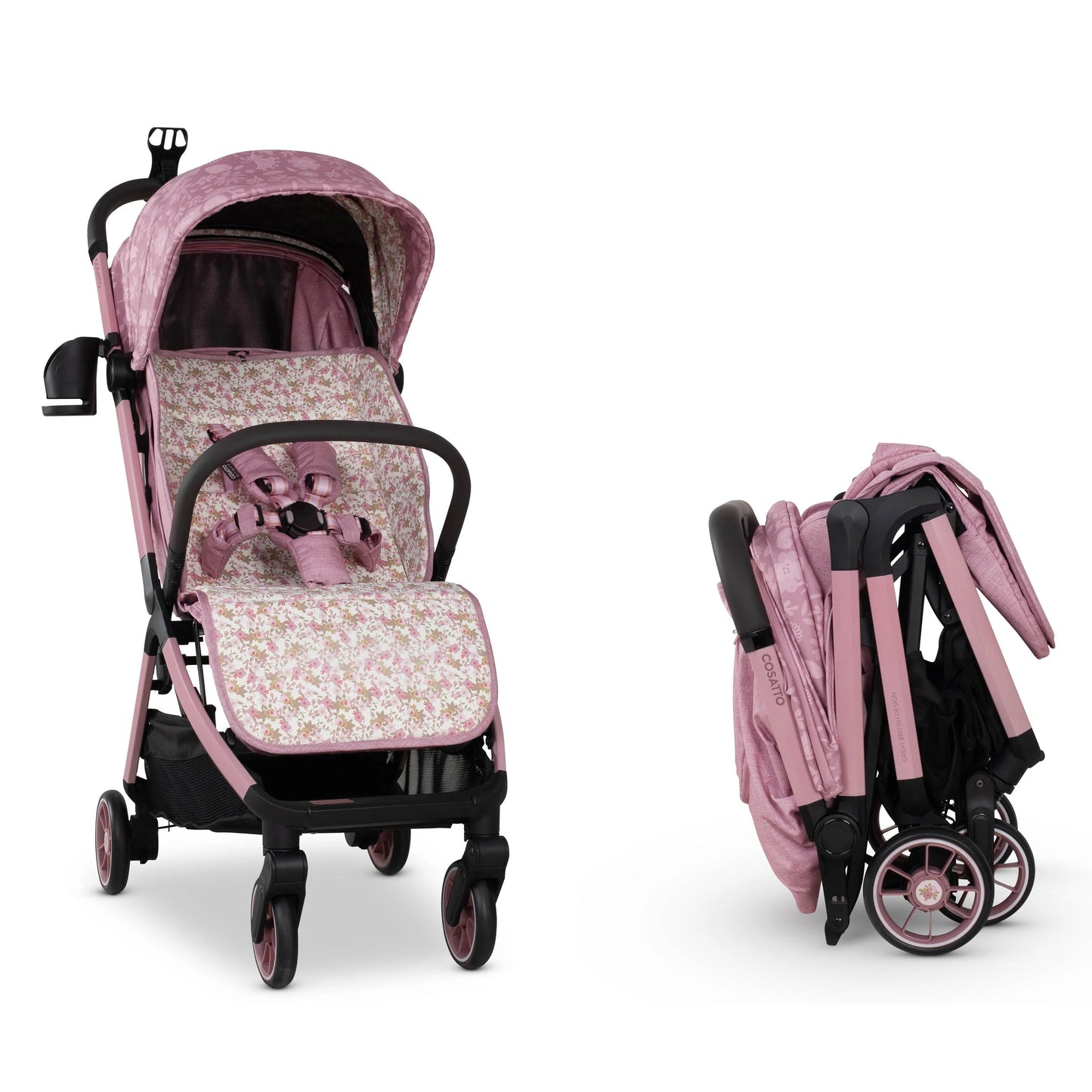 Pink baby stroller with floral pattern on a white background