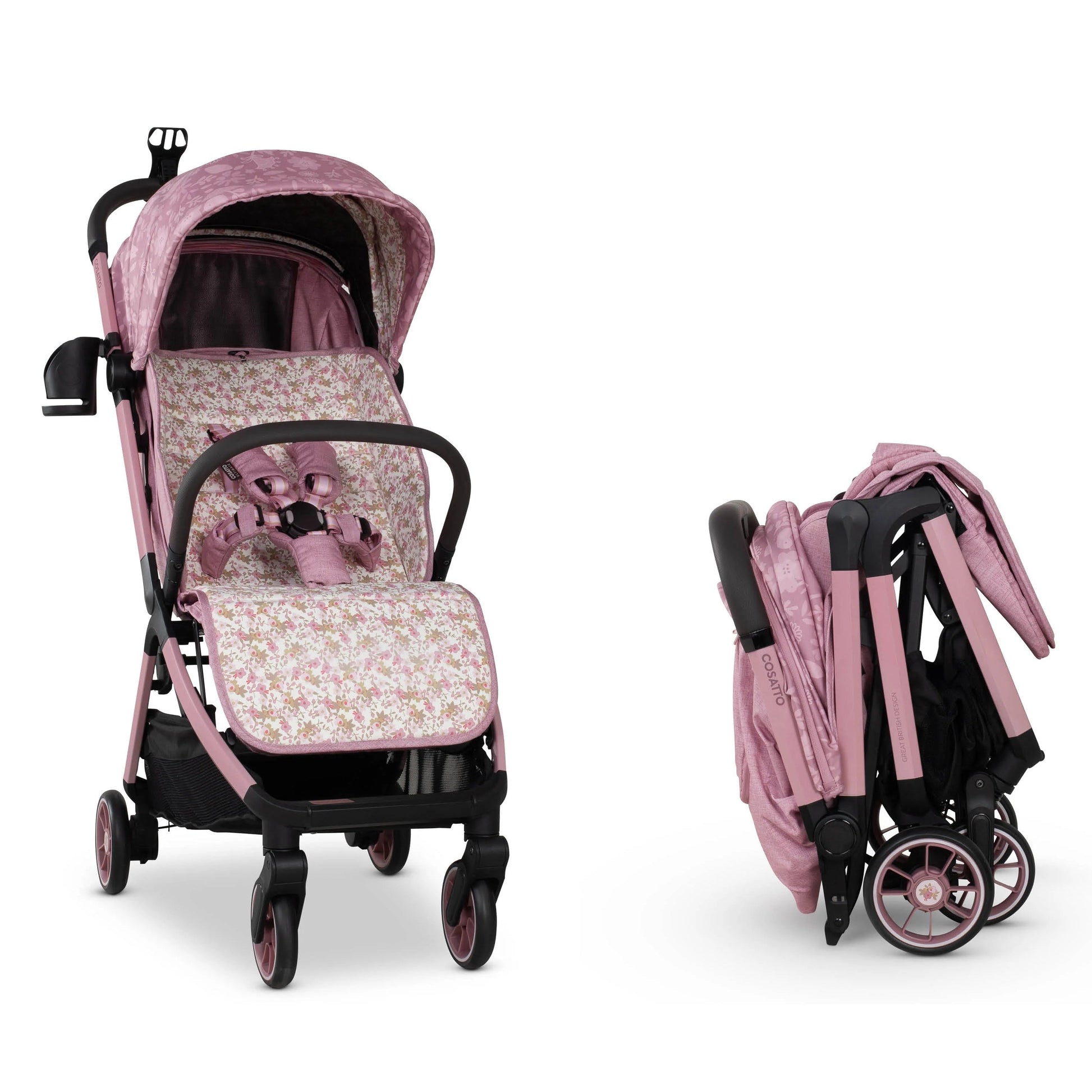 Pink baby stroller with floral pattern on a white background