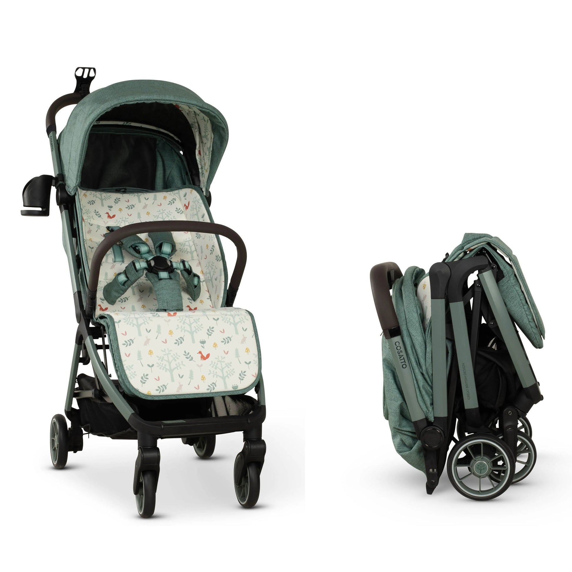 Green baby stroller with folded and unfolded positions on a white background