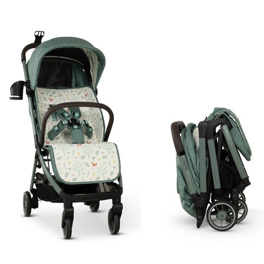 Green baby stroller with folded and unfolded positions on a white background
