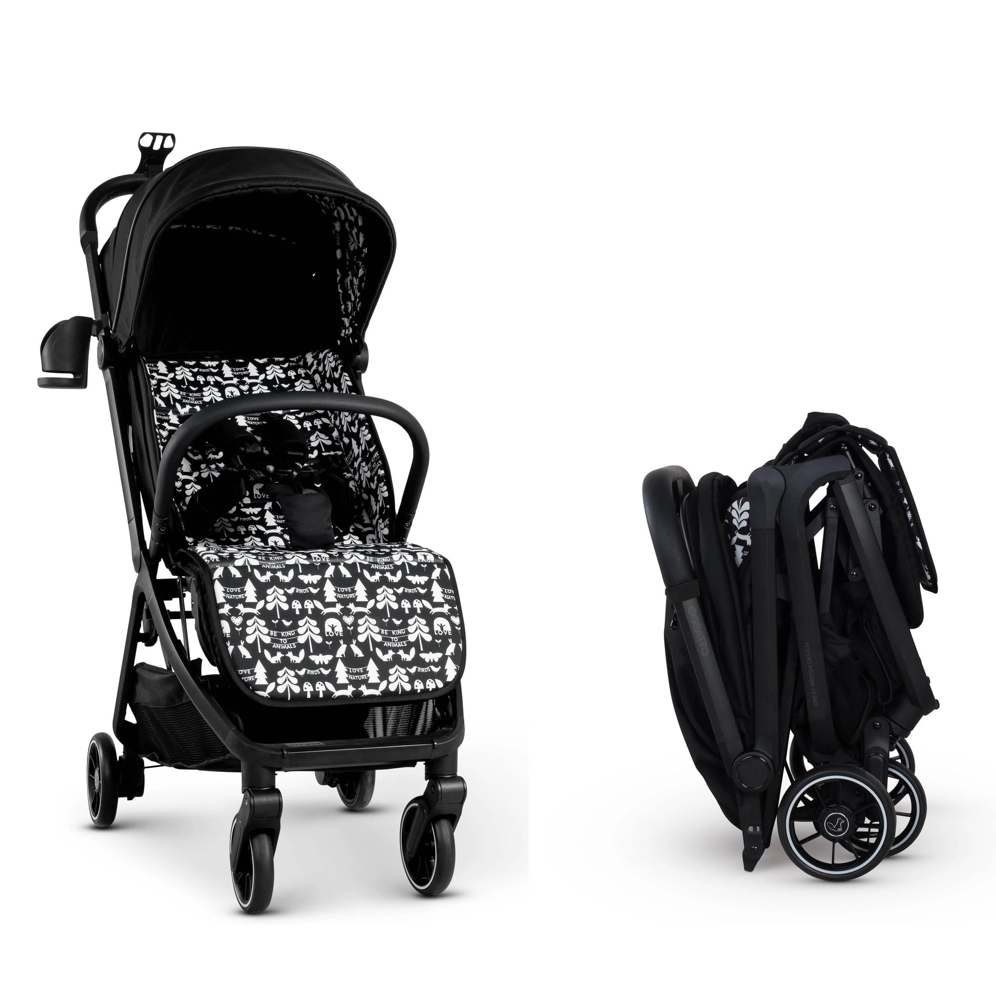 Black and white patterned stroller with folded compact version on a white background