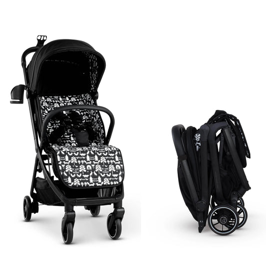 Black and white patterned stroller with folded compact version on a white background