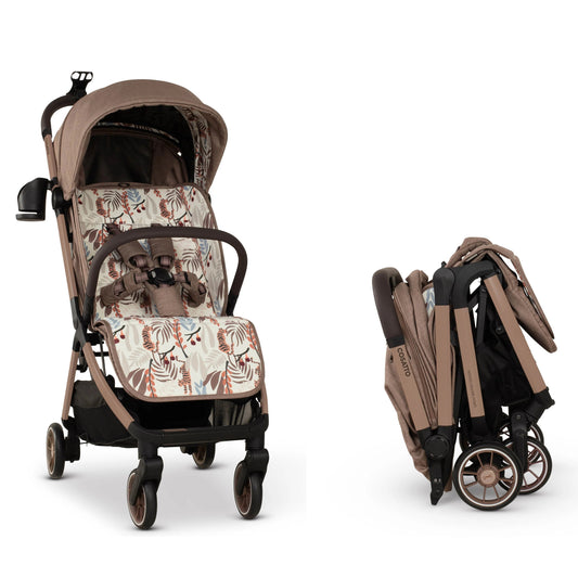Stroller with patterned seat and folded stroller on a white background