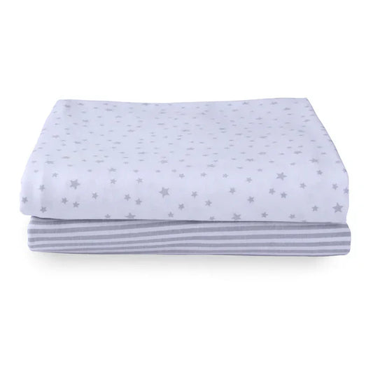 Clair-de-lune Grey/White Stars & Stripes 2 Pack Fitted Pram/Crib Sheets - 90 x 40 cm