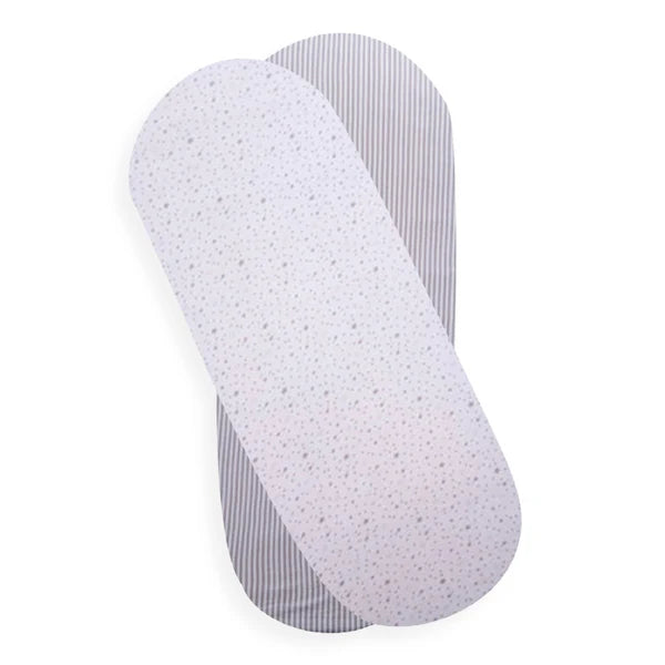 Clair-de-lune Grey/White Stars & Stripes 2 Pack Fitted Moses Basket Sheets - 74 x 30 cm