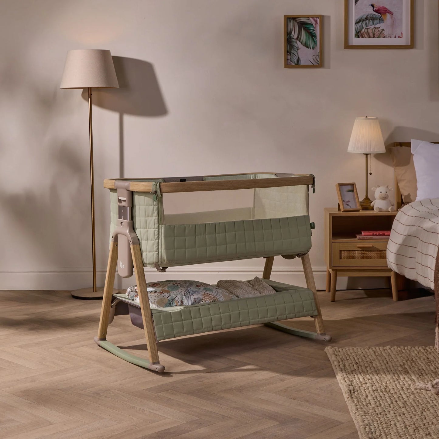 Tutti Bambini Cozee Sense Bedside Crib Drifted Oak and Eucalyptus