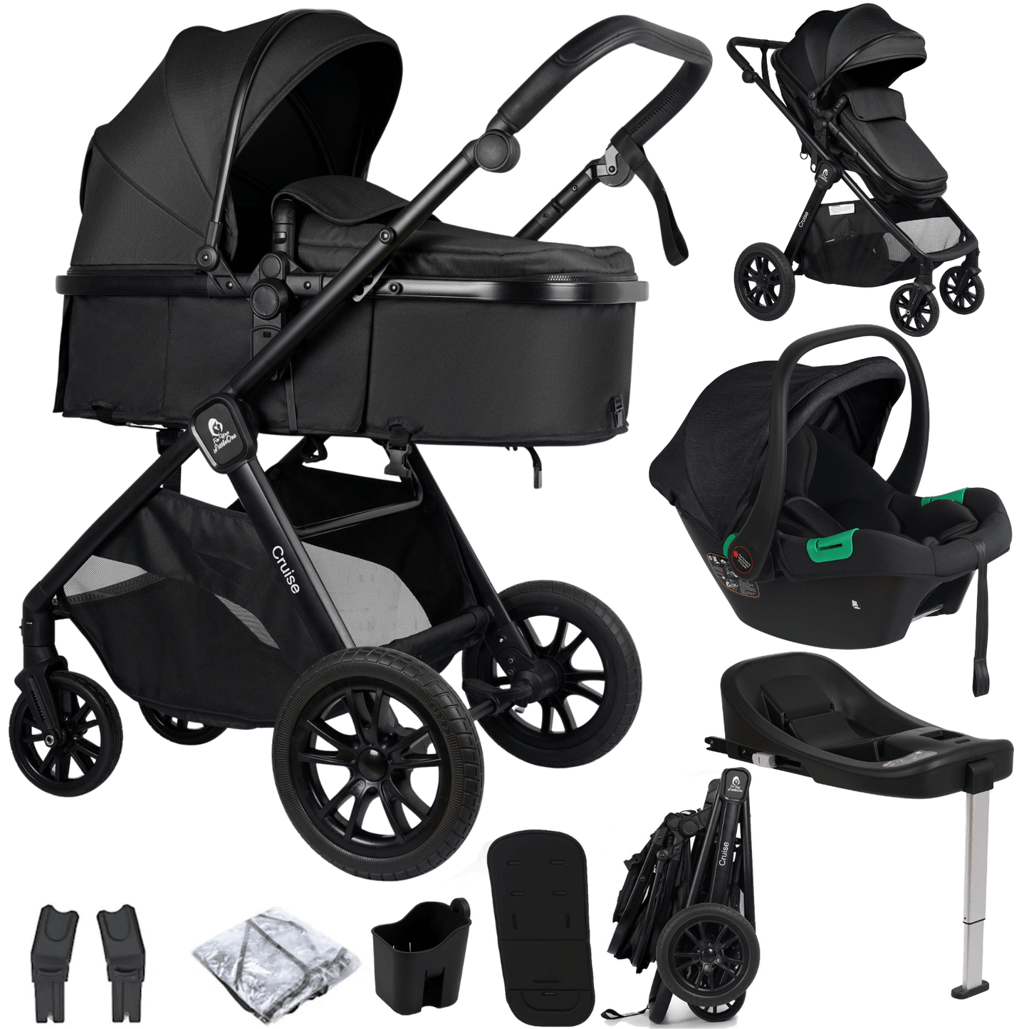 For Your Little One Cruise 3 In 1 Travel System With Car Seat And ISOFIX Base - Eclipse Black (Free Cupholder / Seat Liner Included!)