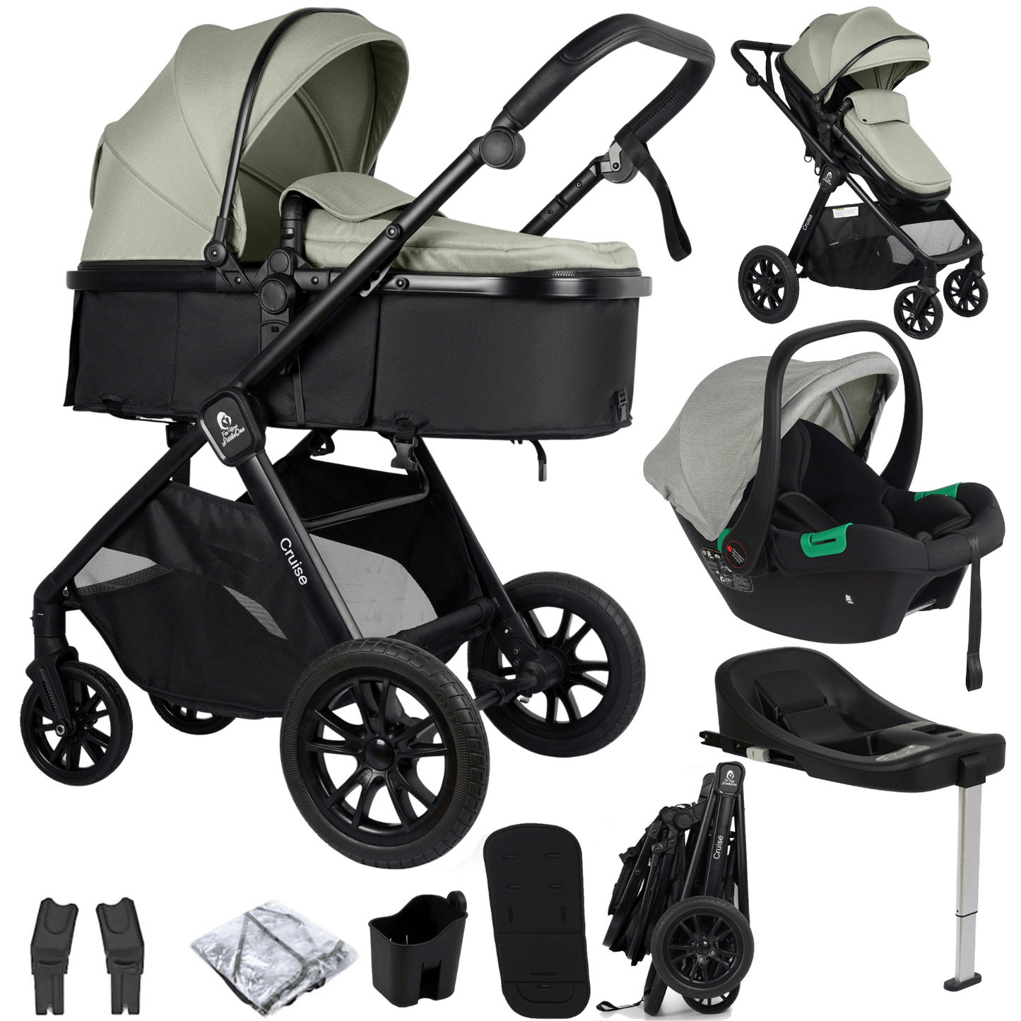 For Your Little One Cruise 3 In 1 Travel System With Car Seat And ISOFIX Base - Pebble Sage (Free Cupholder And Seat Liner Included!)