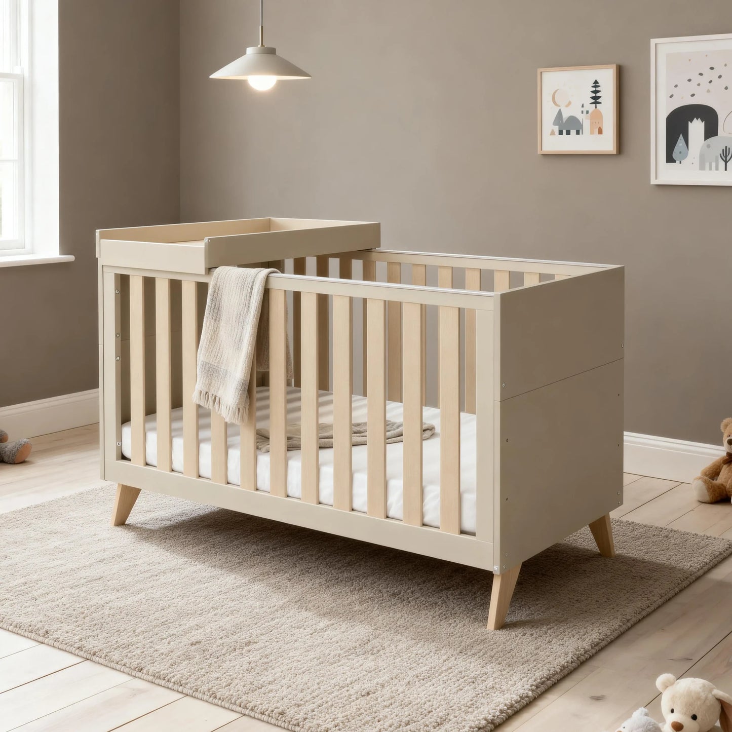 Babymore Dante Cot Bed with Cot Top Changer – Cashmere
