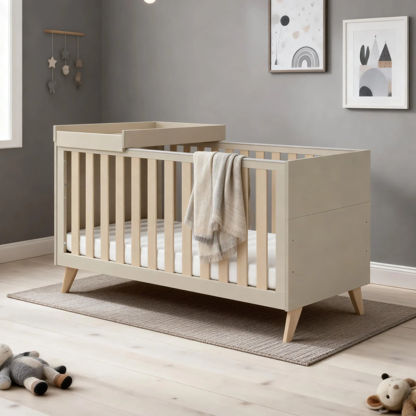 Babymore Dante Cot Bed with Cot Top Changer – Cashmere