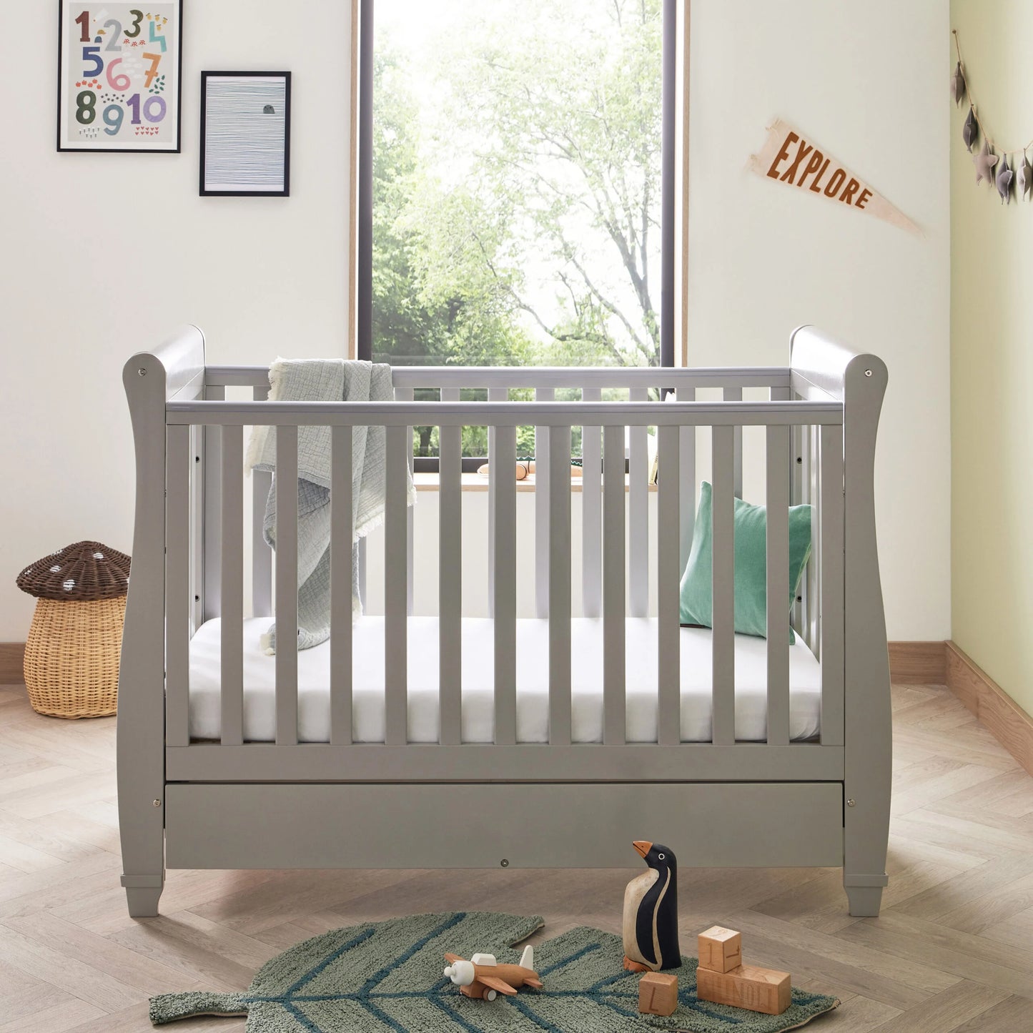 Babymore Eva Sleigh Drop Side Cot Bed – Grey