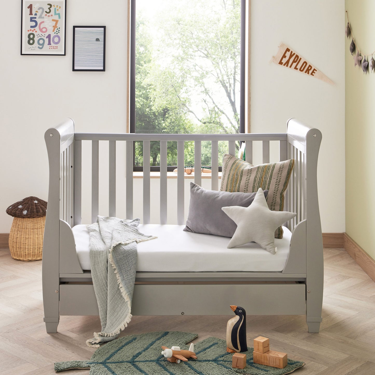 Babymore Eva Sleigh Drop Side Cot Bed – Grey